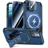 Goton 3 in 1 for iPhone 12 Case with Privacy Screen Protector Blue | Glass Camera Lens Protector,Compatible for MagSafe,Invisible Kickstand, Shockproof Phone Cover for iPhone12