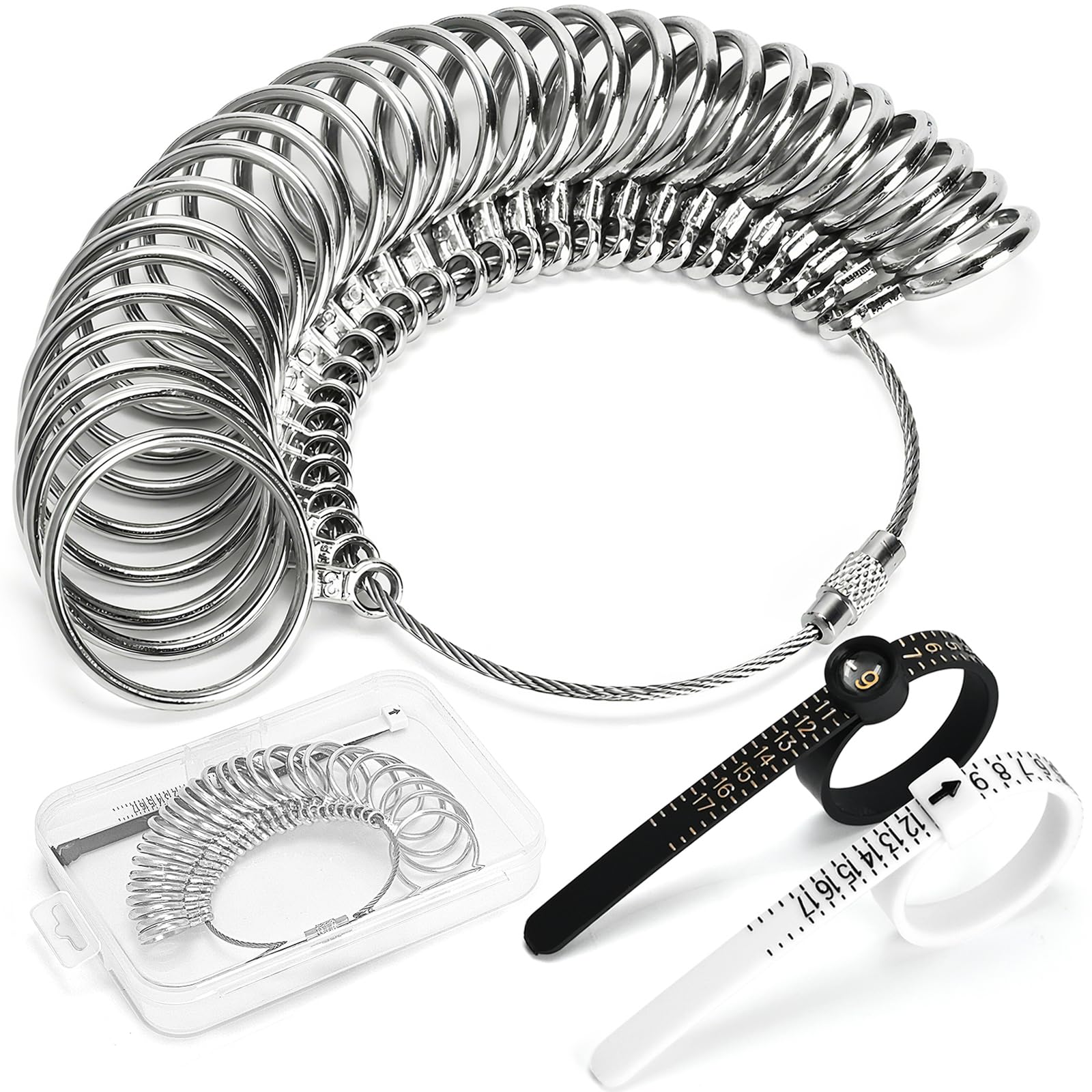 Photo 1 of Ring Sizer Measuring Tool, 3 Types, 27 Pcs Metal Ring Sizing Kit, US Sizes 0-13 with Half Size, 2 Pcs Plastic Finger Measurer for Men/Women, USA 1-17 with Magnified Glass