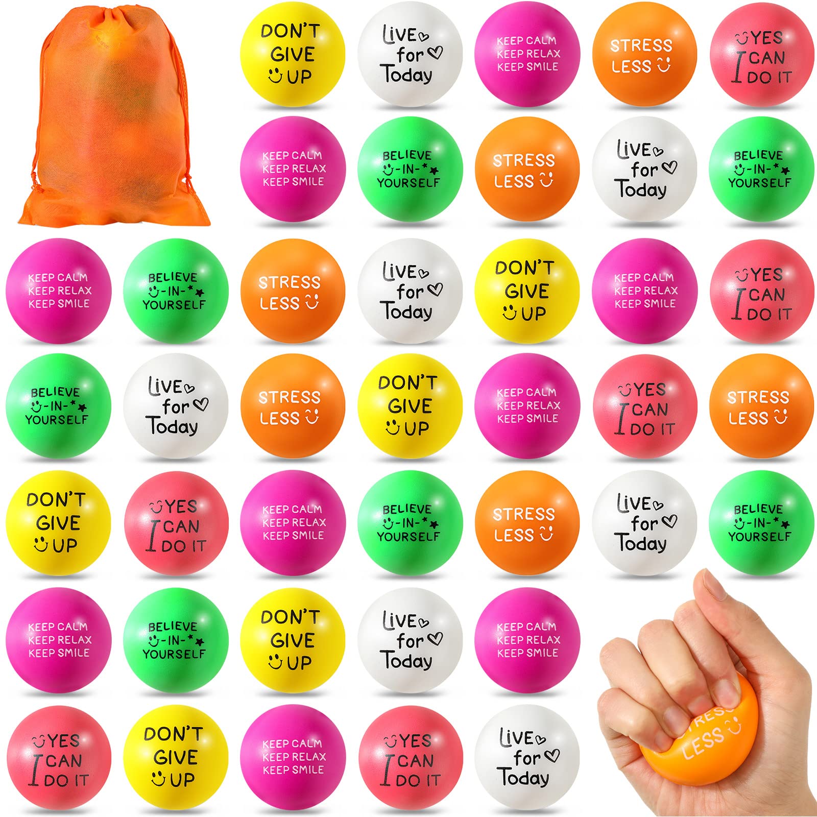 Photo 1 of Wettarn 60 Pcs Motivational Stress Balls for Adults with Drawstring Bag 1.97" Inspirational Encouraging Anxiety Stress Relief Foam Ball with Quote Hand Exercise Squeeze Accessory(Bright Colors)