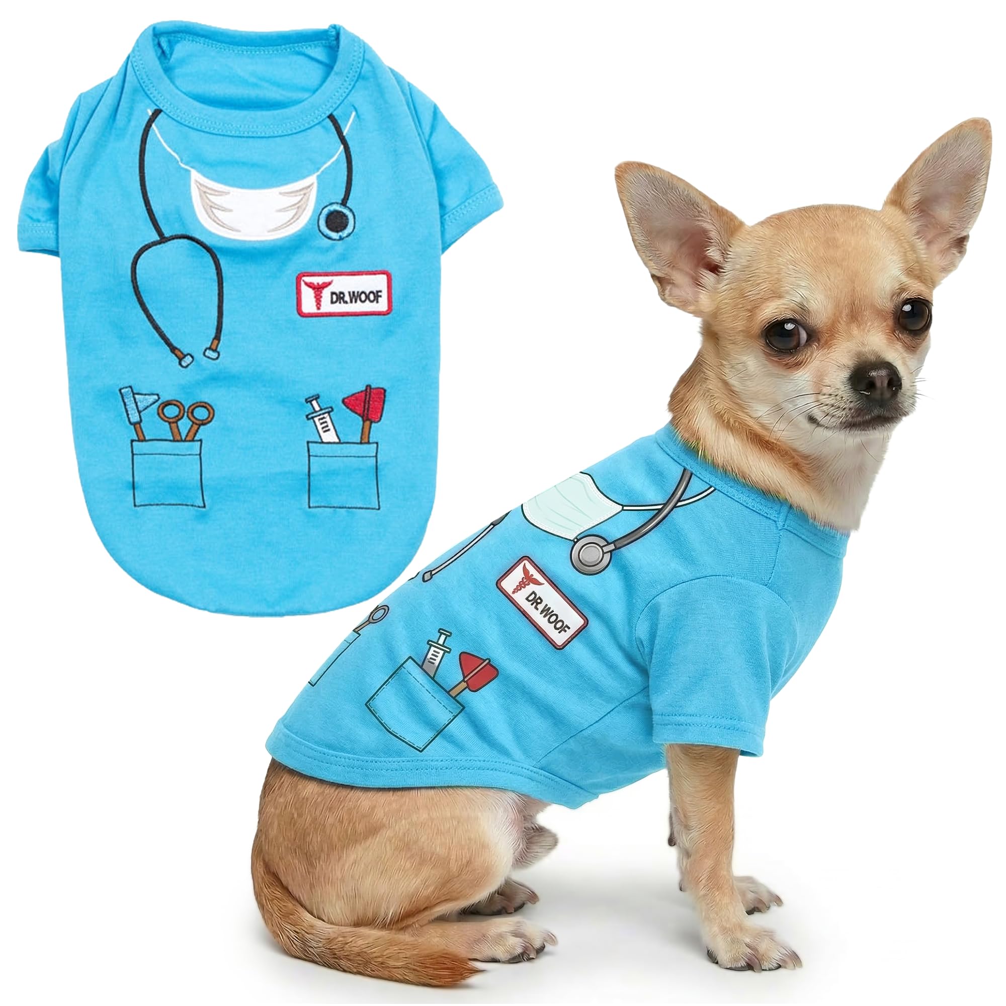 Parisian Pet - Funny Dog Cat Pet Costumes, Shirt Outfits for Halloween - Police, Prisoner, Ketchup, Mustard, Doctor, Firefighter, Sailor, Pirate (Dr Woof - Doctor, S)