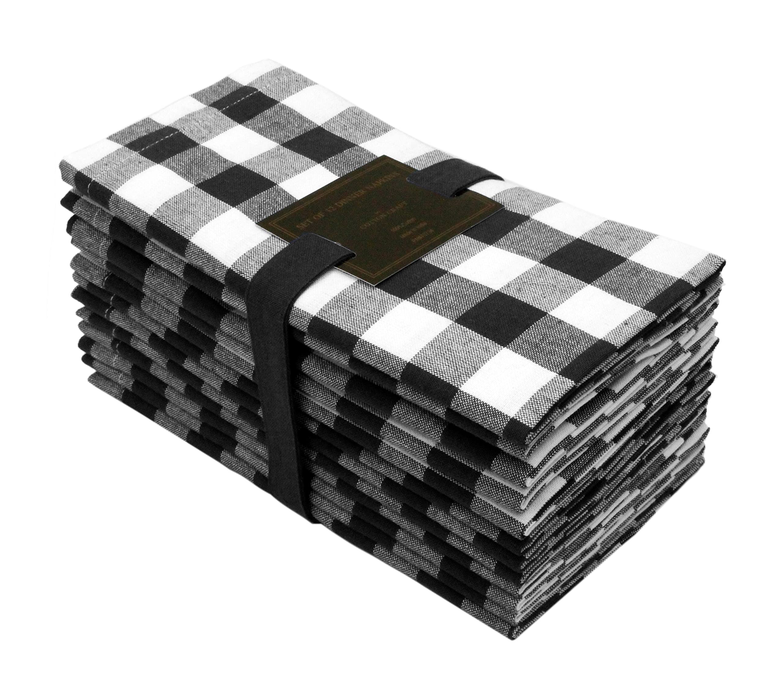 COTTON CRAFT Countryside Set of 12 Tailored Pure Cotton Dinner Napkins, 20 inch x 20 inch, Buffalo Check, Gingham, Black
