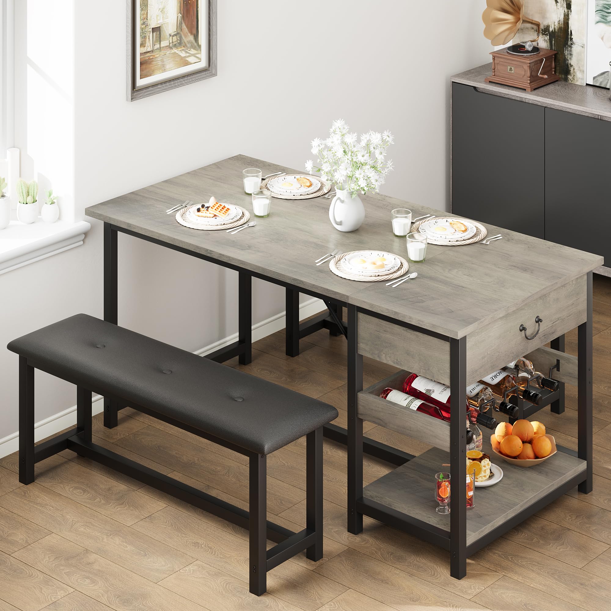 Photo 1 of GAOMON Dining Table Set for 4, Kitchen Dining Table Set with Upholstered Benches, Kitchen Dining Room Table with Storage Drawers & Wine Rack for Small Space-Grey