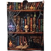 amepay Gothic Library Blanket Gifts for Women Adult Girls,Goth Witches Bookshelf Throw Blankets,Soft Comfy Lightweight for Home Halloween Couch Bed Sofa Decor Skulls Black Cat Potions Design 50x60in
