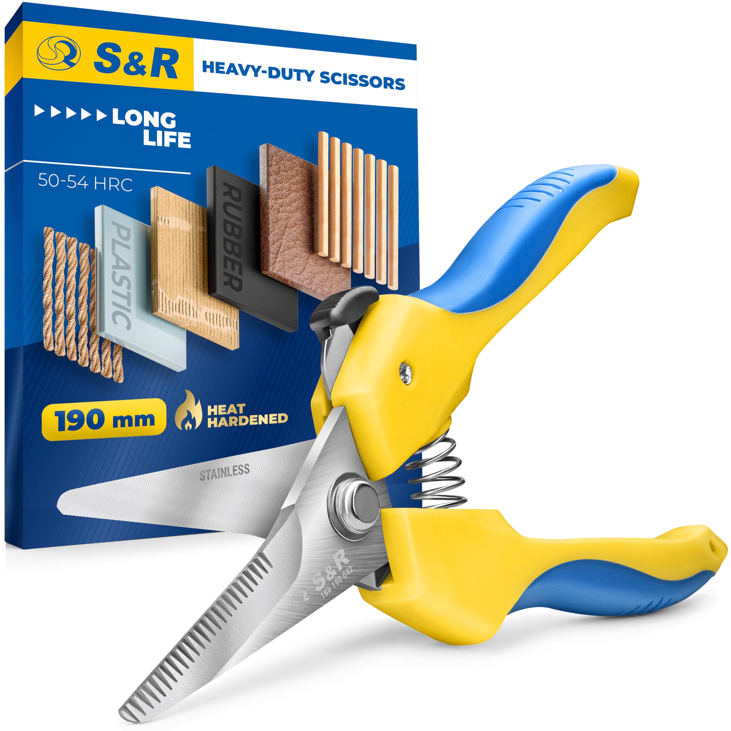 S&R Universal Scissors 190mm – Multi-Material Shears with 42mm HRC 54 Stainless Steel Blade | All-Purpose Scissors for Leather, Plastic, Sheet Metal, Cardboard | Right & Left Handed