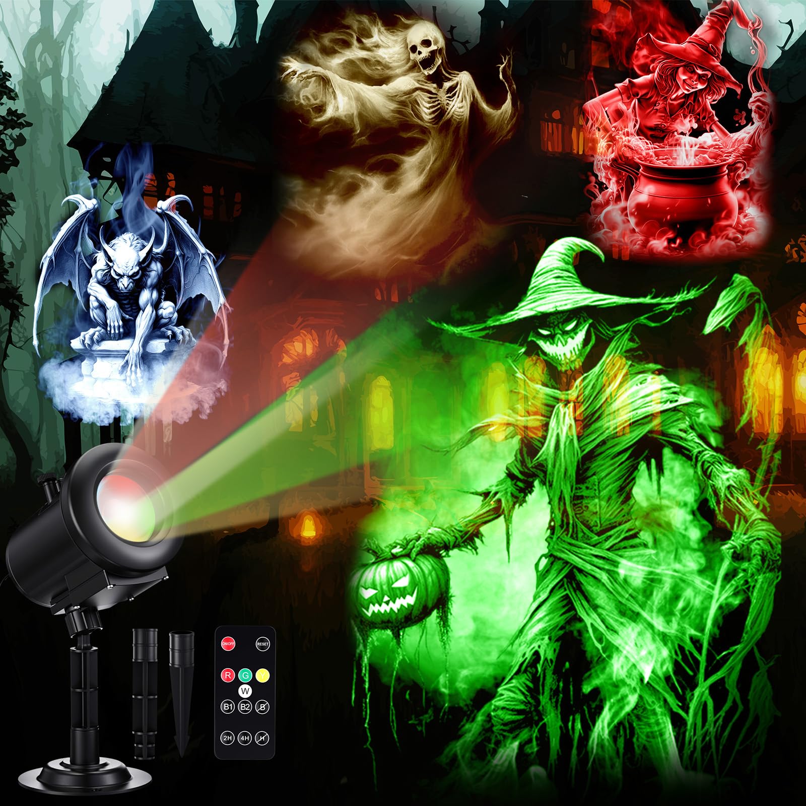 Photo 1 of 12 in 1 Halloween Projector Lights Outdoor 2025 Upgrade 3D Dynamic Window Indoor Decorations Skull Ghost Bats Witch Scary HD Patterns, 4 Colors, with Remote for Holiday House Garden Decor(Halloween)