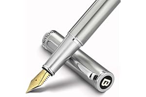 BEILUNER Luxury Fountain Pen Set, Solid 24K Gilded Fine Nib, Silver Stainless Steel Body- Includes 6 Ink Cartridges & Ink Refill Converter with Gift Case - Perfect for Men and Women