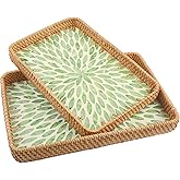 YIYA Set of 2 Rattan Serving Tray Rectangle Rattan Tray with Mother of Pearl Inlay Decorative Wicker Tray for Coffee Bread Fruits Table Decor