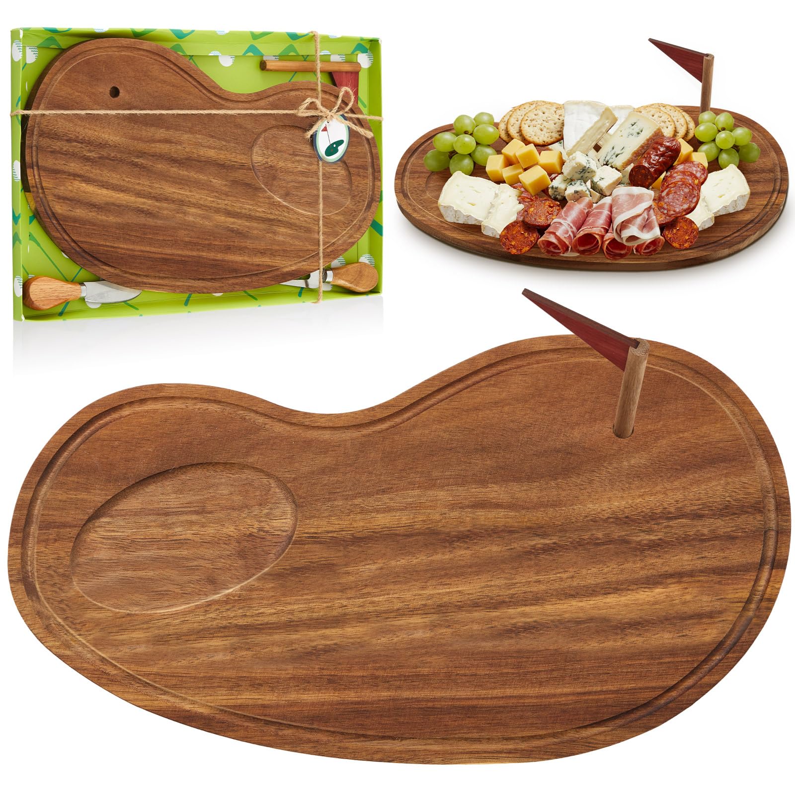 Photo 1 of Ziliny Golf Cheese Board Gift Set Golf Party Favor Prizes Charcuterie Wood Board with Knives and Box Father Day Gift for Dad Grandpa Party Tournament Game (Acacia Color,15 x 8.3 x 0.47 ")