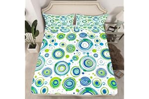 Abstract Fitted Sheet Geometry Circle Blue Green Twin Bed Sheets - Ombre Art Boho Modern Vintage Spiral Swirl Round Bed Set