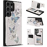 UEEBAI Wallet Case for Samsung Galaxy S25 Ultra 5G with Card Holders, PU Leather Cover Kickstand RFID Blocking Double Magnetic Clasp Rilievo Flower Flip Case for Women Girls - Blue Butterfly