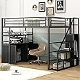 MoproBeti Loft Bed Full Size with Stairs,Metal Full Loft Bed with Wardrobe,Heavy Duty High Loft Bed with Shelves and Storage Lockers for Kids Teens, Adults, Space Saving,Black