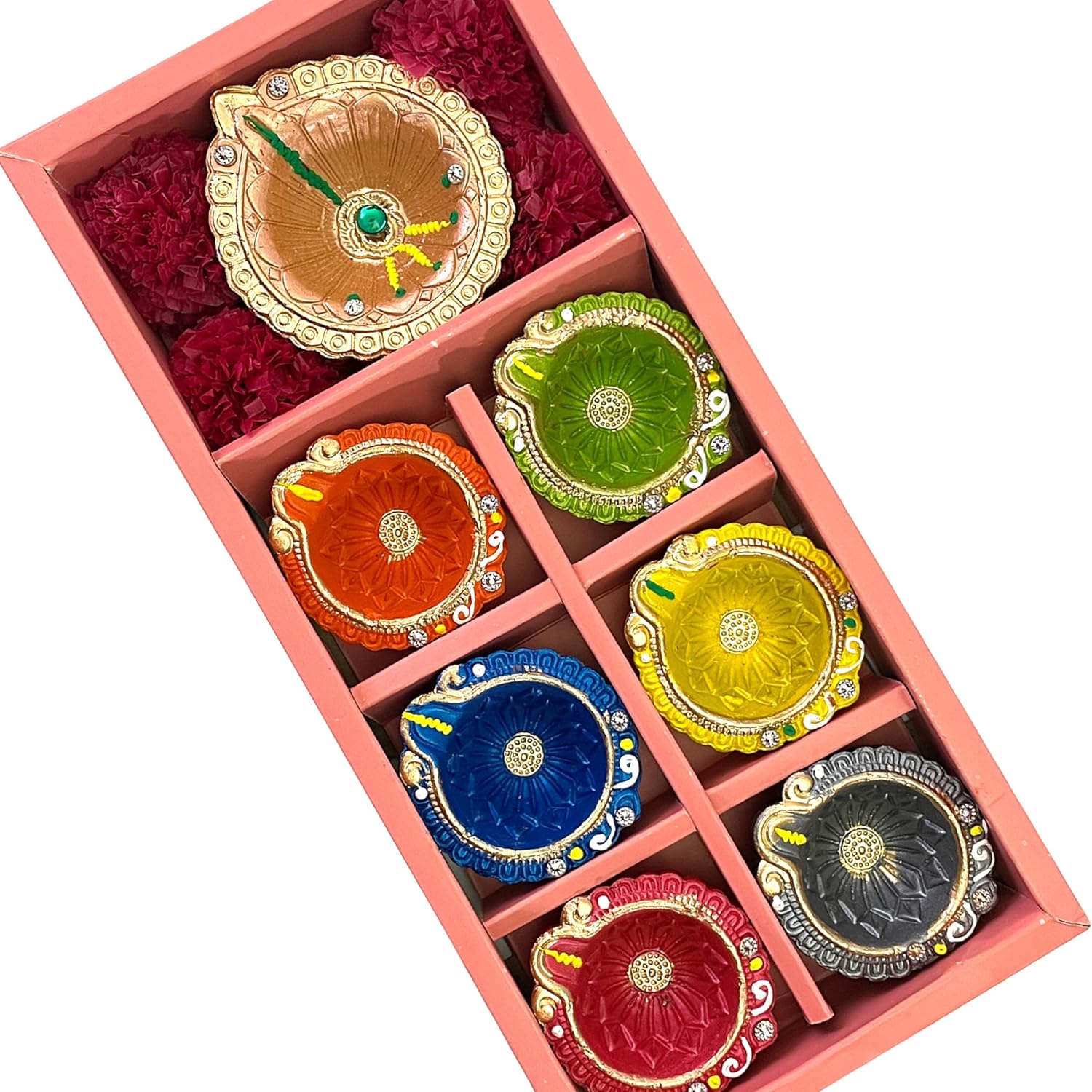 Oil Lamps & Accessories - KSJONE Set of 7 Pieces Multi Color Flower Print Decorative Handmade Clay Mitti Diya, Deepak, Traditional Diya for Pooja, Diwali Decoration with Cotton Wicks