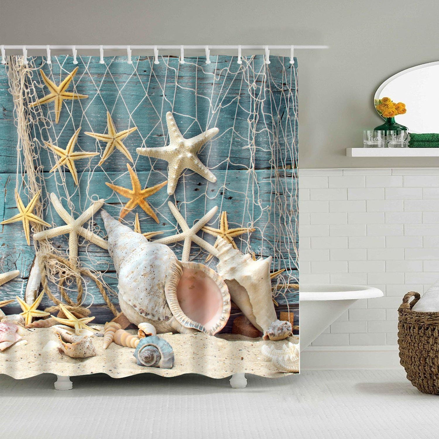 Aonewoe Polyester Shower Curtain with Hooks Ocean Shower Liner Mildew Resistant Shower Curtain Bathroom Dry Quickly Shower Curtain for Wet Room(Ocean Shell)
