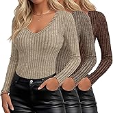 Velvelhall 3 Pack Womens V Neck Sweaters Long Sleeve Ribbed Fitted Shirts Pullover Lightweight Sweater Thermal Fall Layer Top