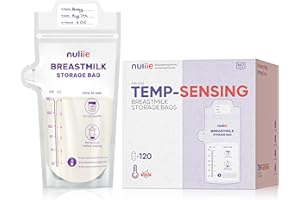 Nuliie 120 Pcs Temp-Sensing Breastmilk Storage Bags, No-Leak, BPA Free with Easy Pour Spout, 6 OZ Presterilized, Hygienically Self Standing Milk Storage Bags Freezer for Breastfeeding