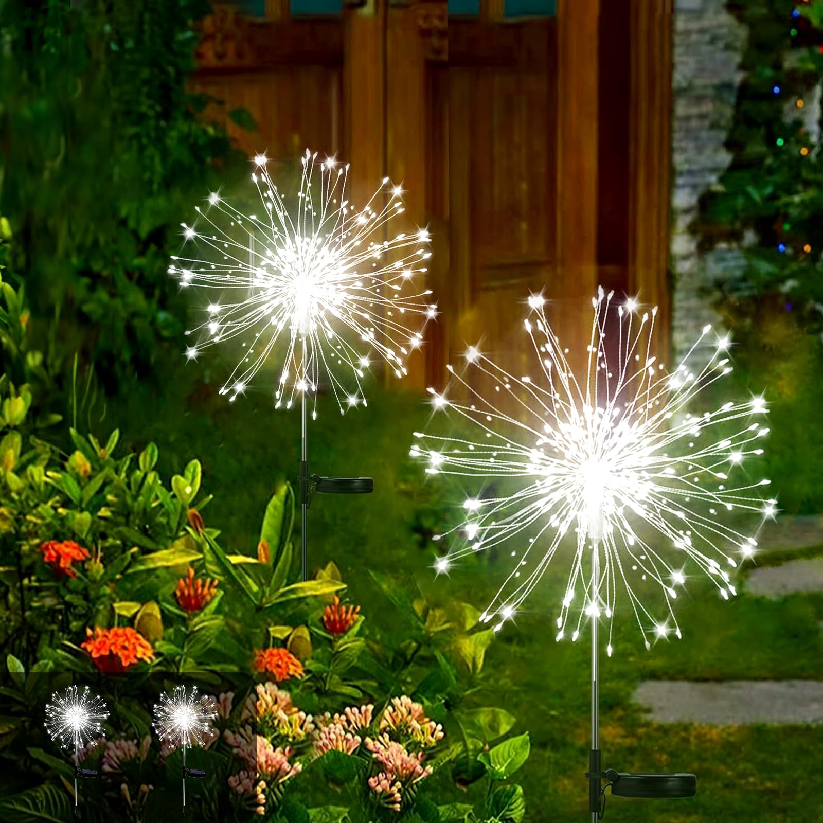 Solar Garden Christmas Starburst Sphere Lights - 2 Pack, 300 LEDs, 8 Modes Firework Dandelion Lights, Waterproof Copper Wire for Home Yard Decoration