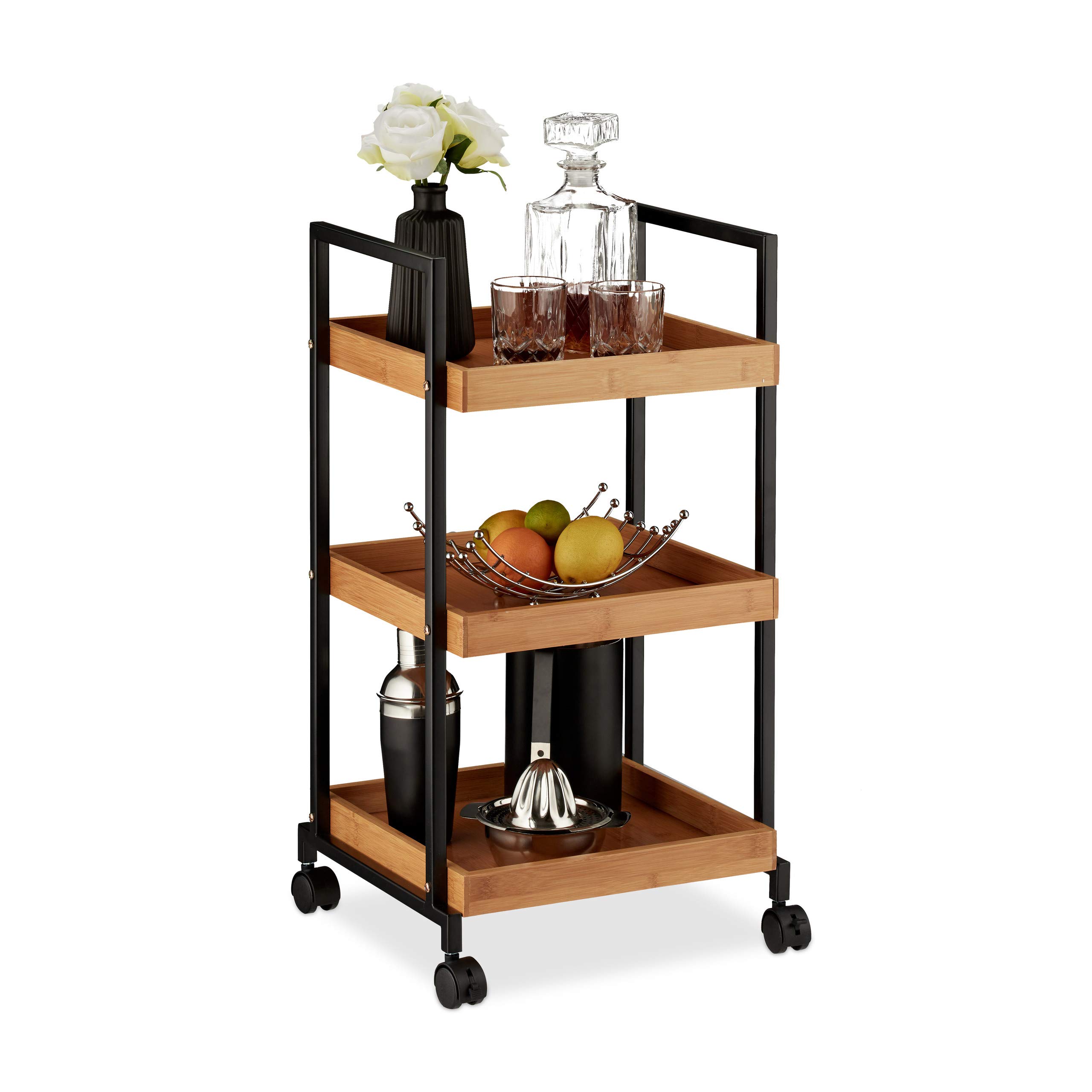 Relaxdays Serving Trolley, Modern Kitchen Cart, Bamboo & Iron, 3 Tiers, Square, 4 Castors, 69.5 x 37 x 34 cm, Natural