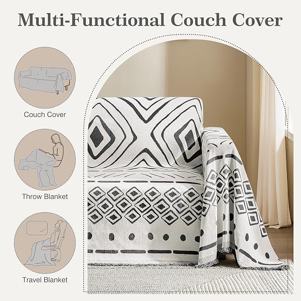 MAYMISS BOHO COUCH COVER FOR DOGS WASHABLE CHENILLE SOFA COVERS REVERSIBLE SOFA SLIPCOVER PET FRIENDLY FOR SECTIONAL SOFA, 2 OR 3 CUSHION COUCH (BOHO1 BLACK, 71″ X 150″)