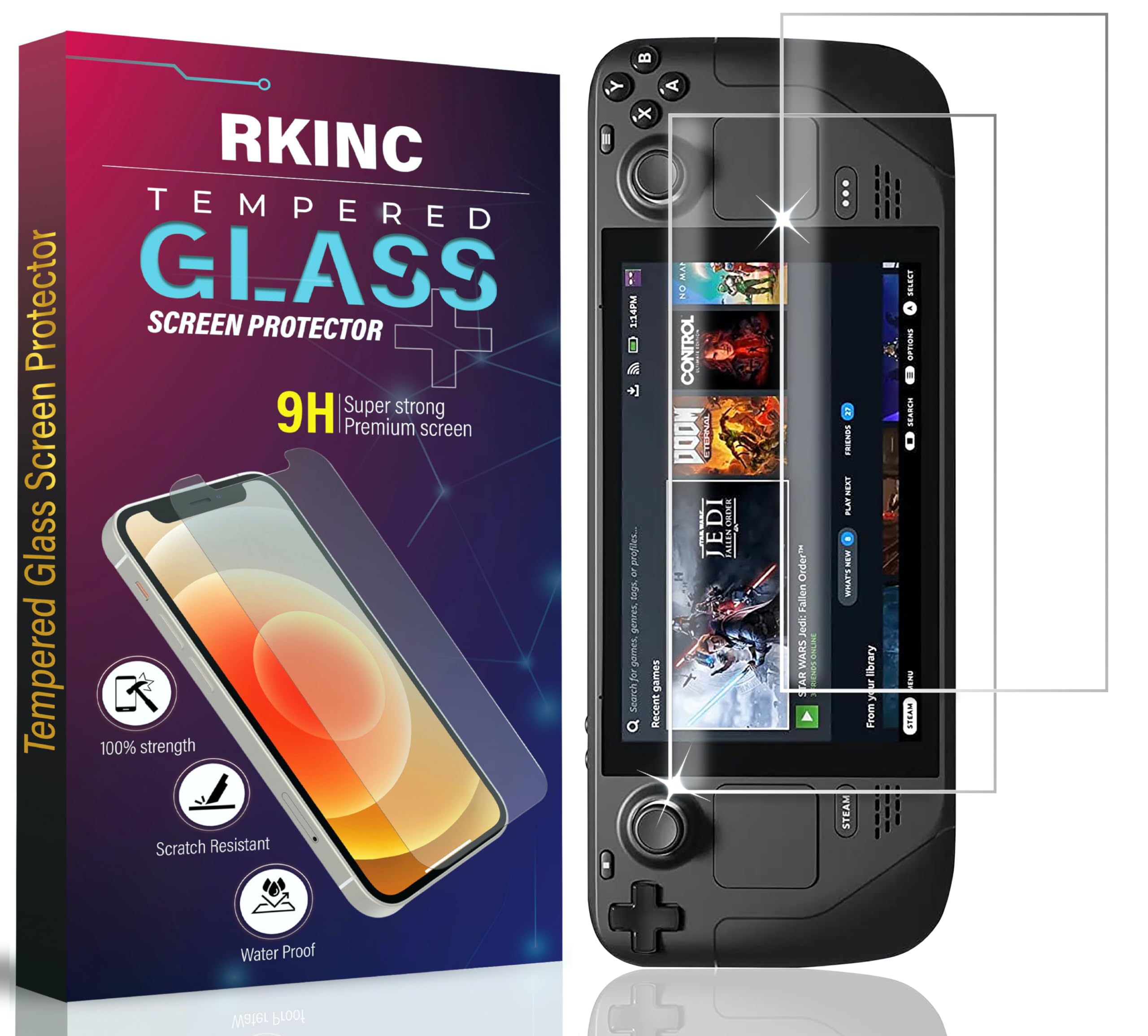 RKINC Screen Protector [2-Pack] for Steam Deck 7inch 2021 & 2022 64 GB/ 256 GB NVMe/ 512 GB NVMe Model, Tempered Glass Film Screen Protector, 0.33mm