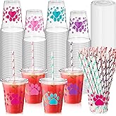 Mifoci 300 Pcs Colorful Dog Paw Plastic Cups Bulk with Flat Lids and Straws Set 12 oz Clear Puppy Paw Disposable Plastic Cups with Lids for Dog Puppy Baby Shower Party Favors