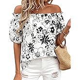 BTFBM Off The Shoulder Spring Tops for Women Summer Blouses Boho Floral Short Sleeve Shirts Dressy Casual Outfits 2026