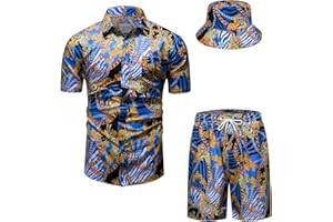 fohemr Mens Luxury Outfit Set Black Gold Shirts and Shorts 2 Piece Tracksuit Set Baroque Button Down Suit with Bucket Hats