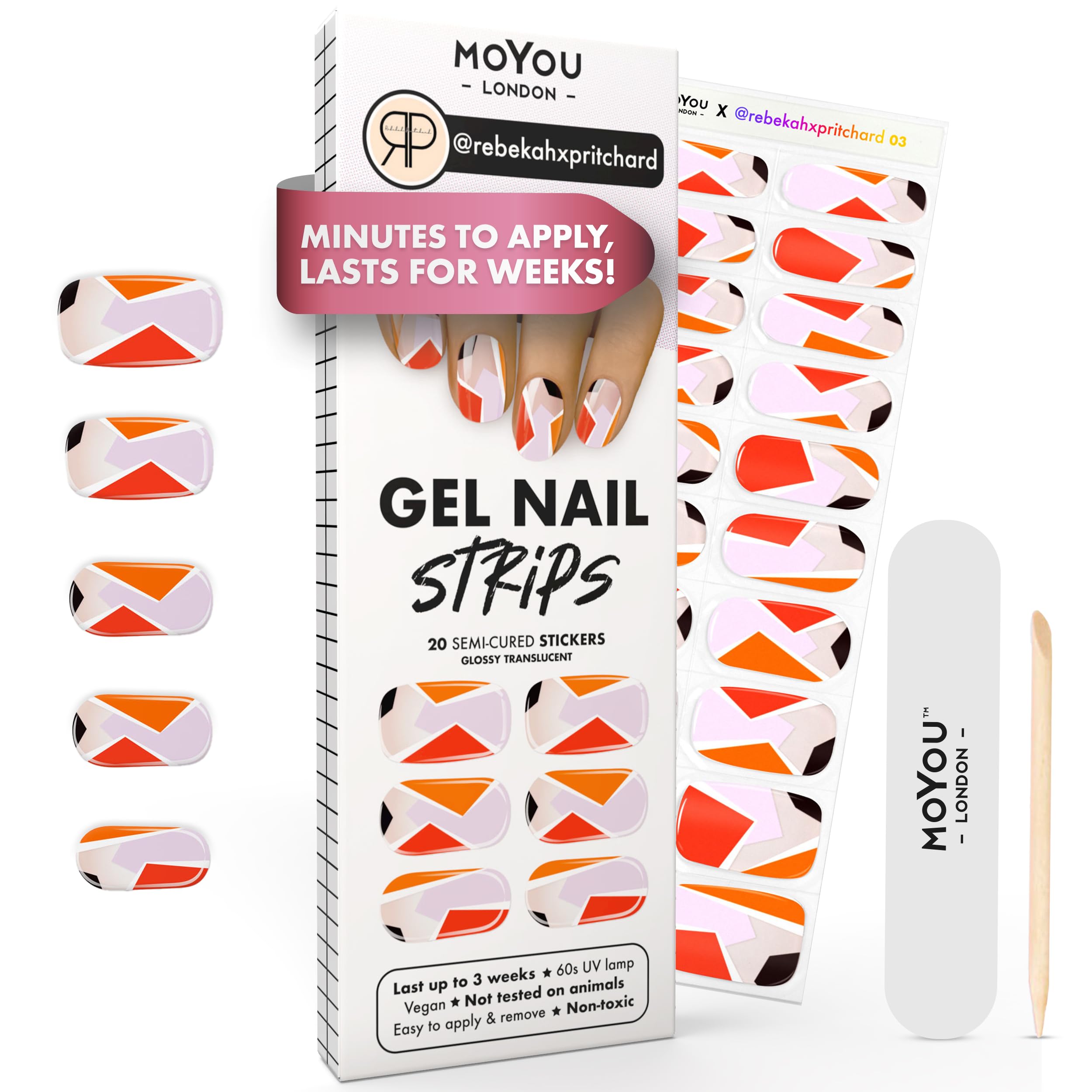 MOYOU LONDON Semi Cured Gel Nail Strips - 20 Pcs. Waterproof Gel Nail Wraps, Cures in Sunlight or UV/LED Lamp, Lasts Up to 2+ Weeks, Stretchable, Easy to Apply & Remove, Vegan & Cruelty-Free