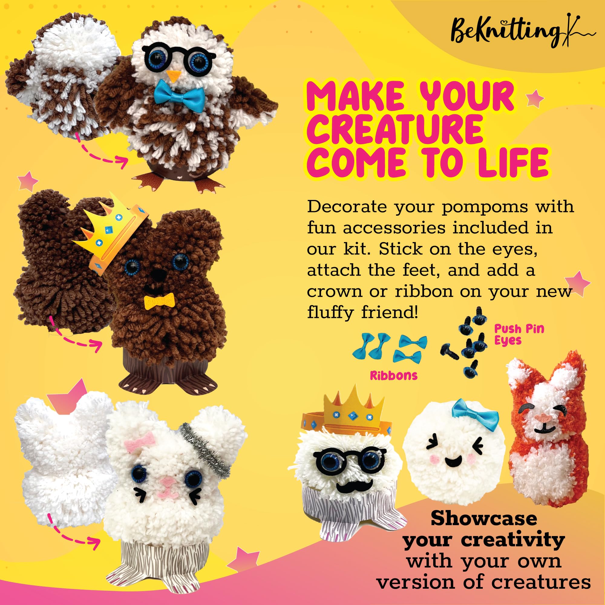 BeKnitting Pompom Maker DIY Craft Kit for Kids - Complete with Yarn, Pom pom Makers, & Stickers