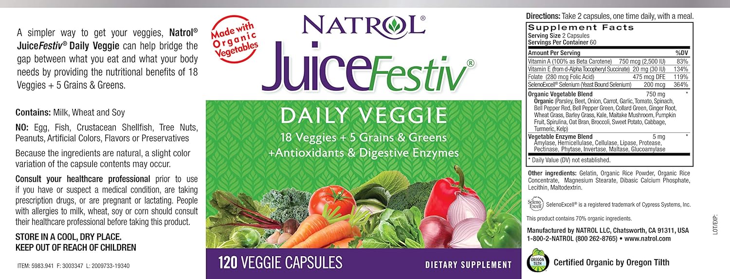 Natrol JuiceFestiv Daily Fruit & Veggie Capsules with Probiotics and Digestive Enzymes 240 Count: Health & Personal Care