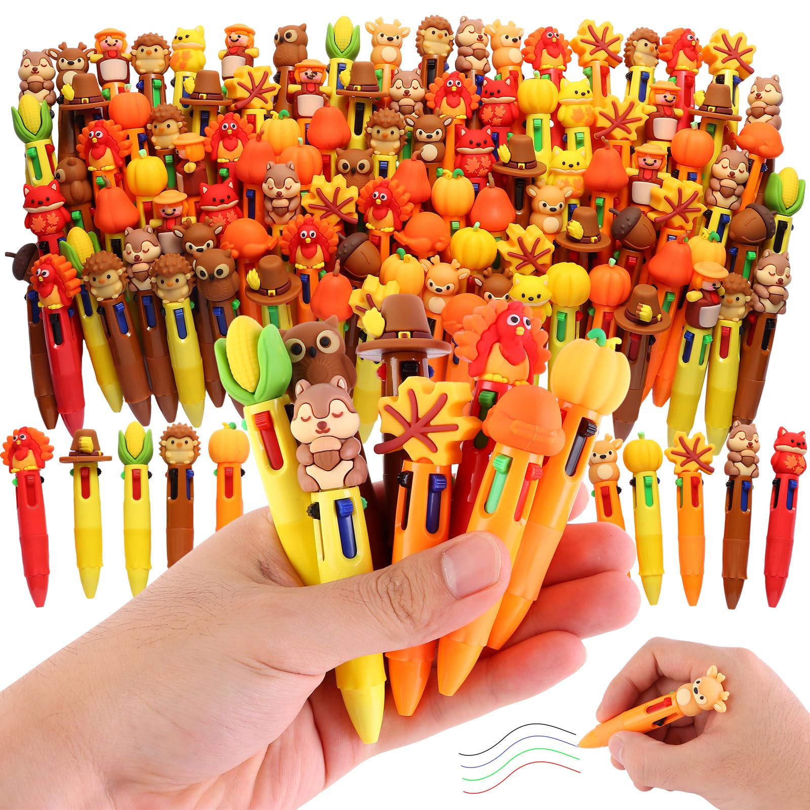 Photo 1 of 100 Pcs Thanksgiving Colorful Multicolor Pen in One Cartoon Cute Fun 4-in-1 Cute Pens Bulk Kawaii Maple Leaves Pumpkins Scarecrows and Turkeys Shape Cool Ballpoint Pens for Kids Fun Gifts
