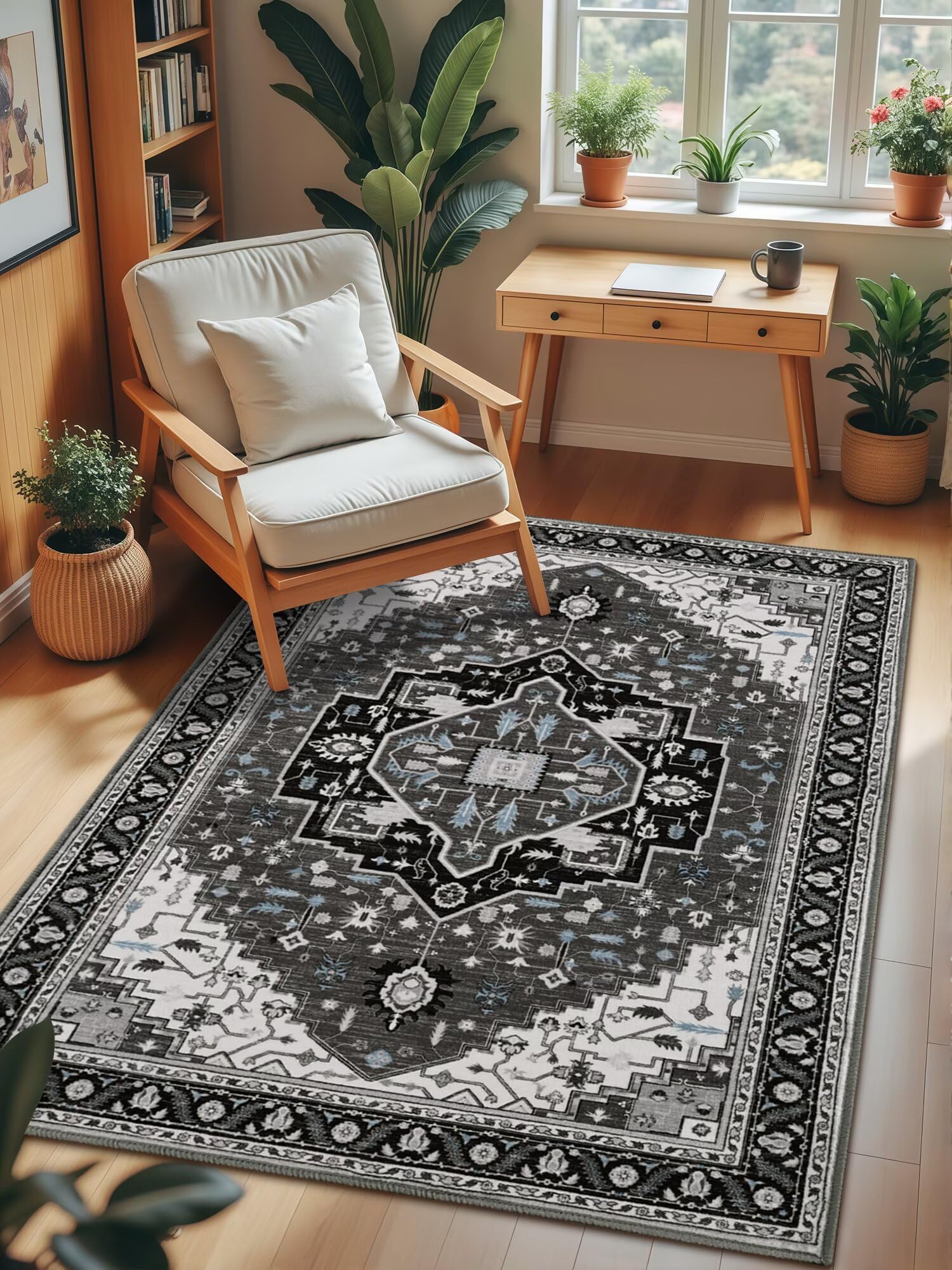 Macgace 4x6 Black Grey Area Rug for Living Room, Machine Washable Rugs with Non-Slip Backing for Bedroom, Vintage Medallion Carpet Kitchen Laundry Kids Room Decor