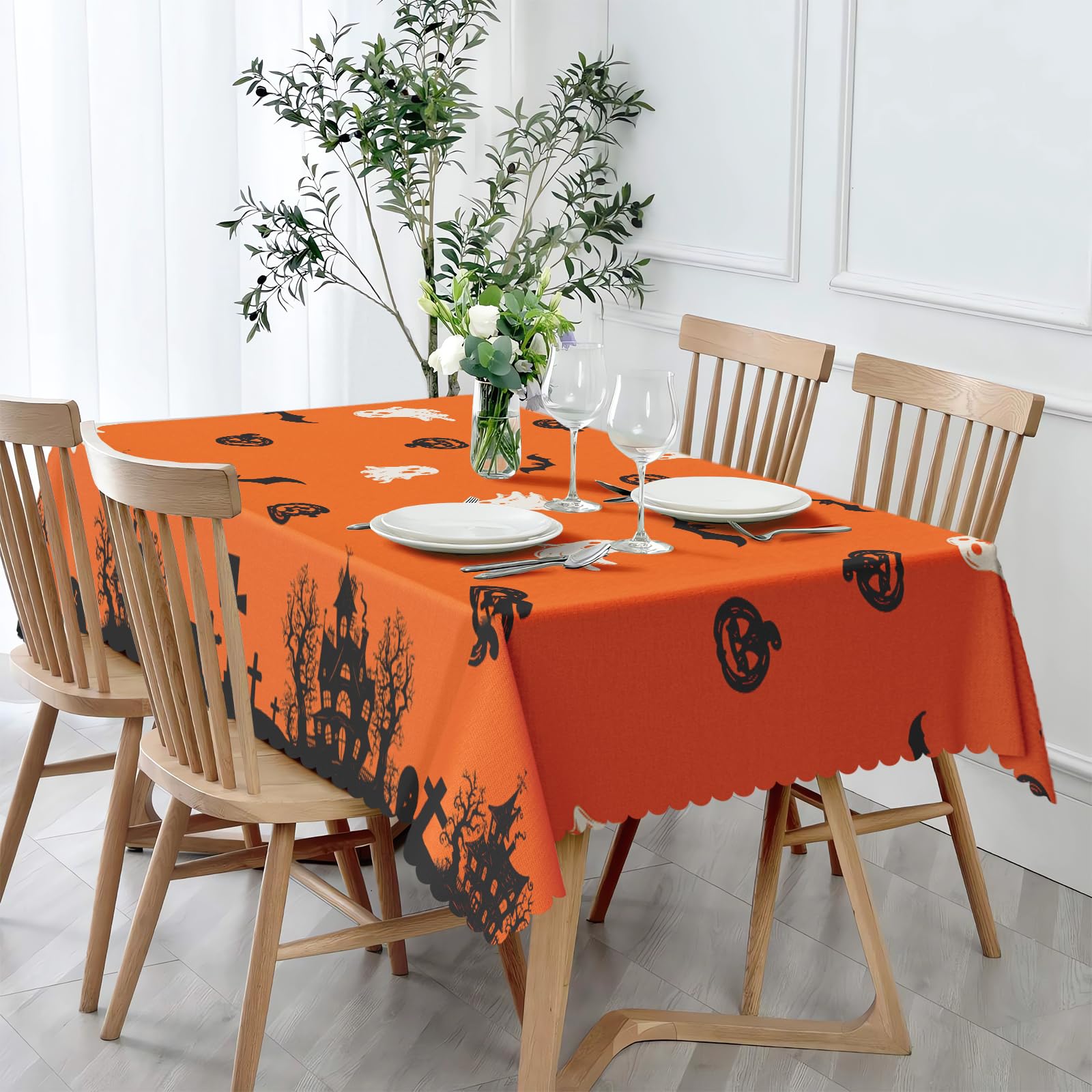 Halloween Rectangular Tablecloth Wipe Clean, Wipeable Waterproof Ghost Polyester Tablecloths, Table Cloth Wrinkle Resistant Table Cover for Home Dinner Kitchen Party Picnic Outdoor 110x140cm
