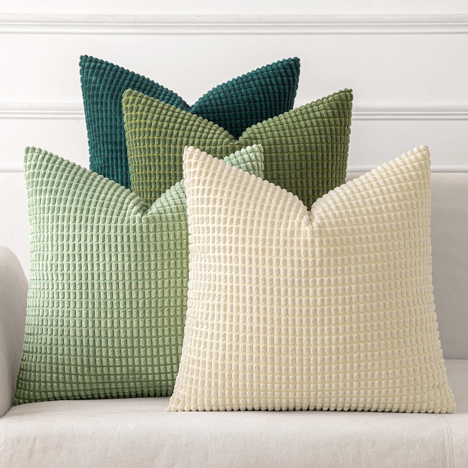 MIULEE Cushion Covers Striped Corduroy Fabric Square Throw Pillow Cover Decorative Pillowcases with Invisible Zipper for Sofa Chair Couch Bedroom 20x20 inch 50x50 cm 4 Pieces Light Green