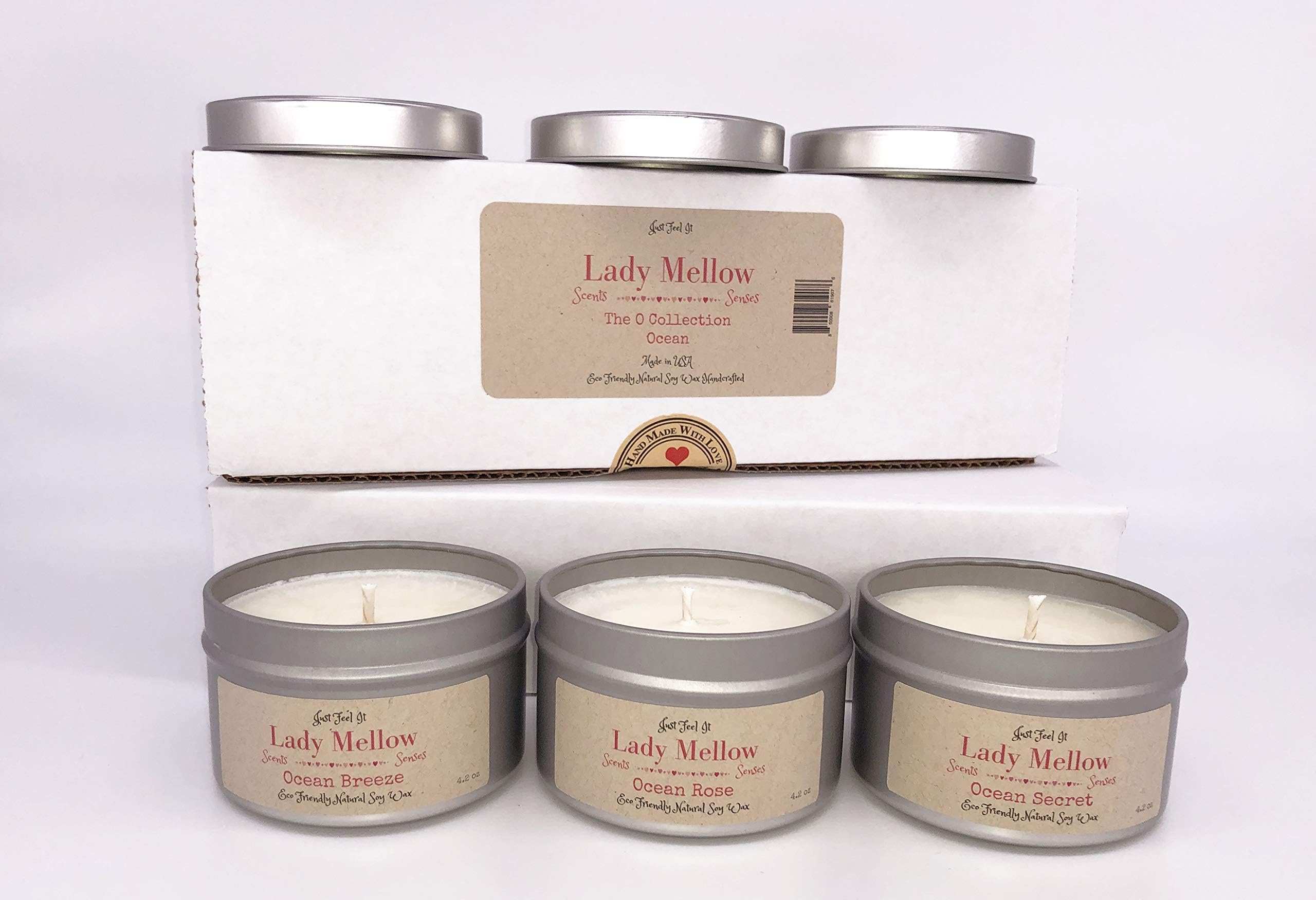 Lady Mellow Candles Handmade in America Pure Soy Travel Tin Candle Set - The Ocean O Collection - 3 Pack