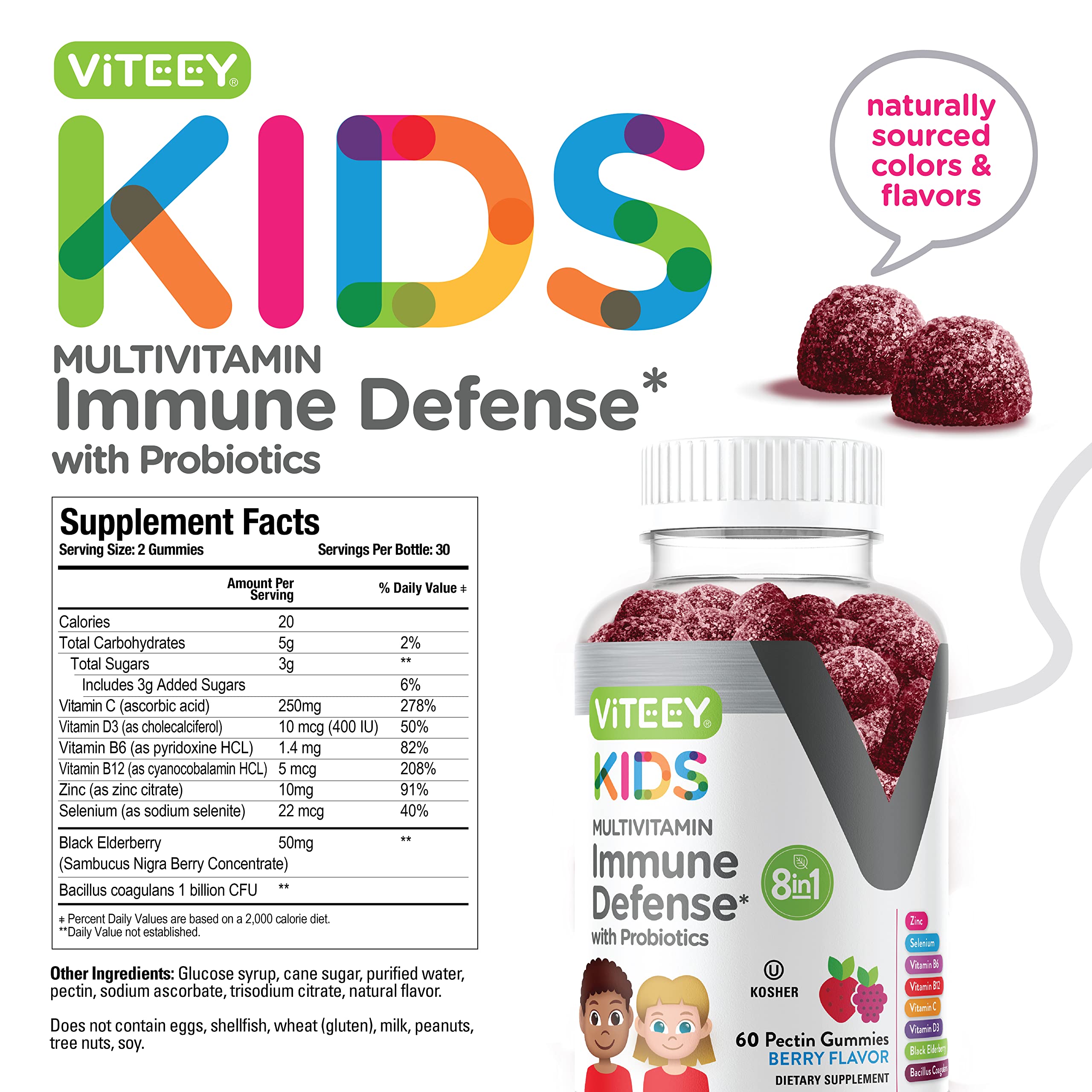 Kids Multivitamin Gummies with Probiotics - 8-1 Kids Vitamins for Immune Health Support with Vitamin C, D3, B12, B6, Zinc, Elderberry, Selenium - Vegetarian - Chewable Tasty Berry Flavored Gummy