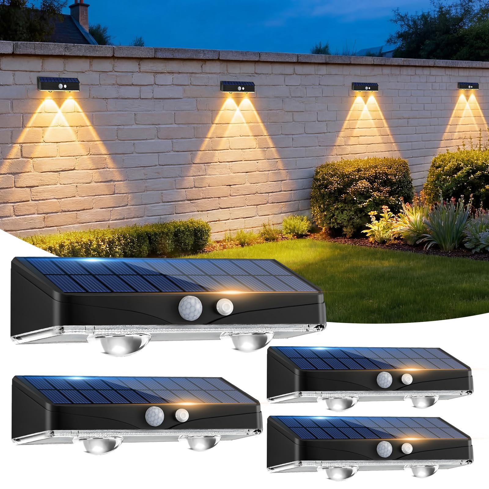 kolpop Solarlampen für Außen Garten, Solar Wandleuchte Aussen mit Bewegungsmelder, 3 Leuchtmodi, IP65 Wasserdicht Warmweiß Solarleuchten für Außen Wand Zäune Balkon Terrassen Veranda, 4 Stück