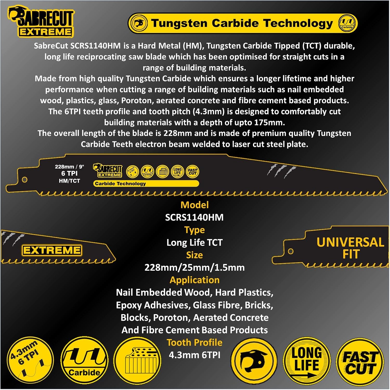 2 x SabreCut SCRS1140HM_2 Tungsten Carbide 228mm 6 TPI S1140HM Aerated Concrete Brick Plastic and Metal Straight Cutting Reciprocating Sabre Saw Blades - Image 4
