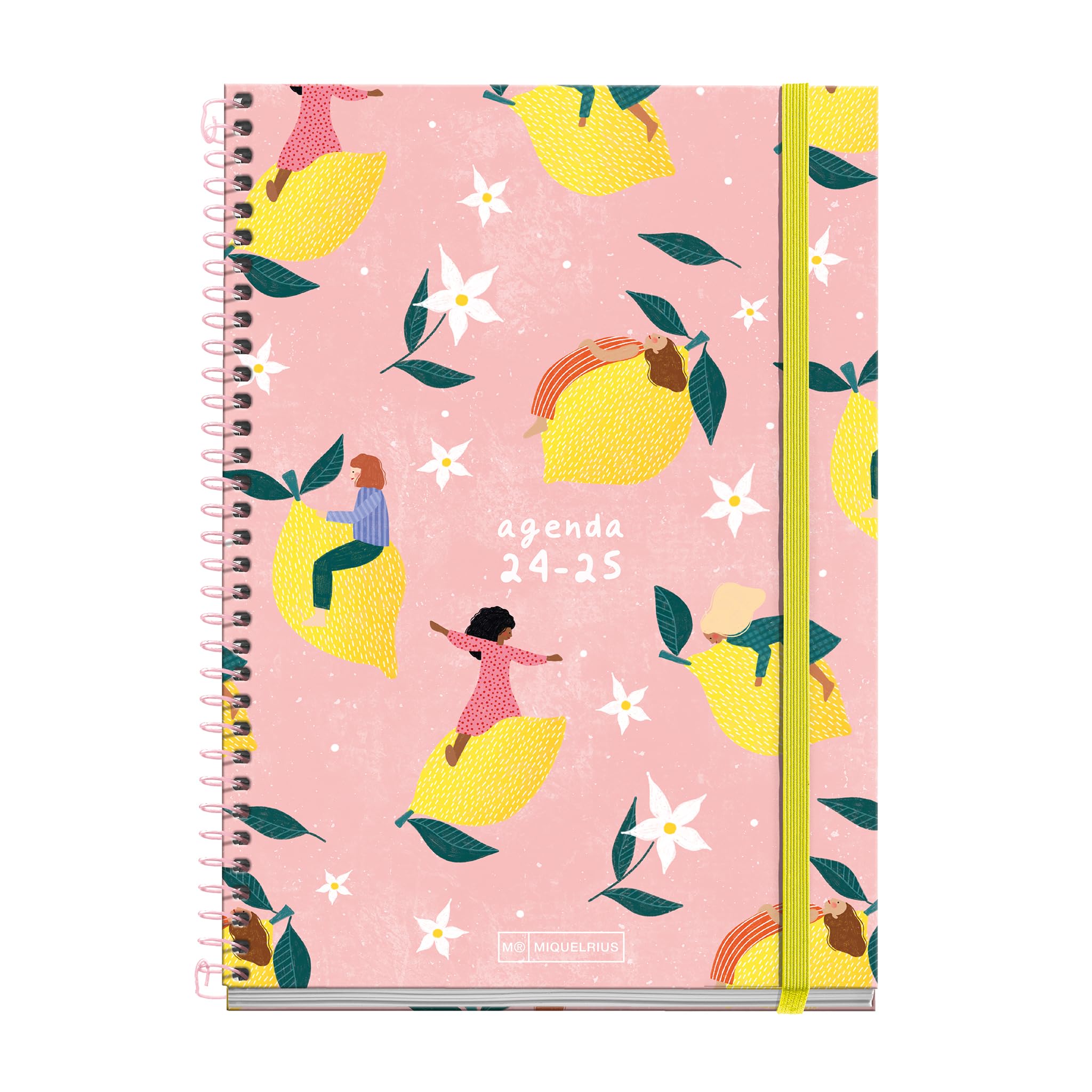Miquelrius - School Diary 2024-2025, September 2024 to June 2025, Size 155 x 215 mm, Day Page, Lined Cardboard Cover, Pink Metallic Spiral Binding, Catalan and English, Lemons