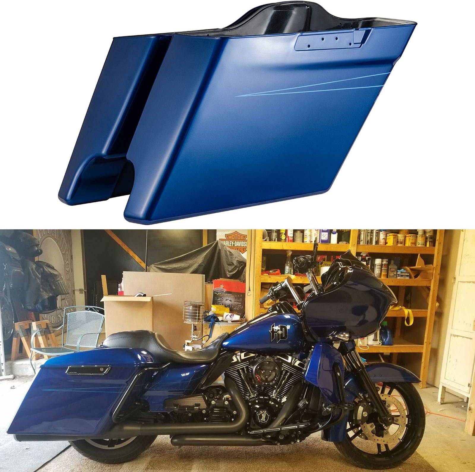 Moto Onfire Superior Blue Extended Saddlebags, Blue Pinstripe, 4 1/2 inch Stretched Hard Bags Fit for Harley Touring Street Glide Special FLHXS 2014 2015 2016 2017 2018 2019 2020