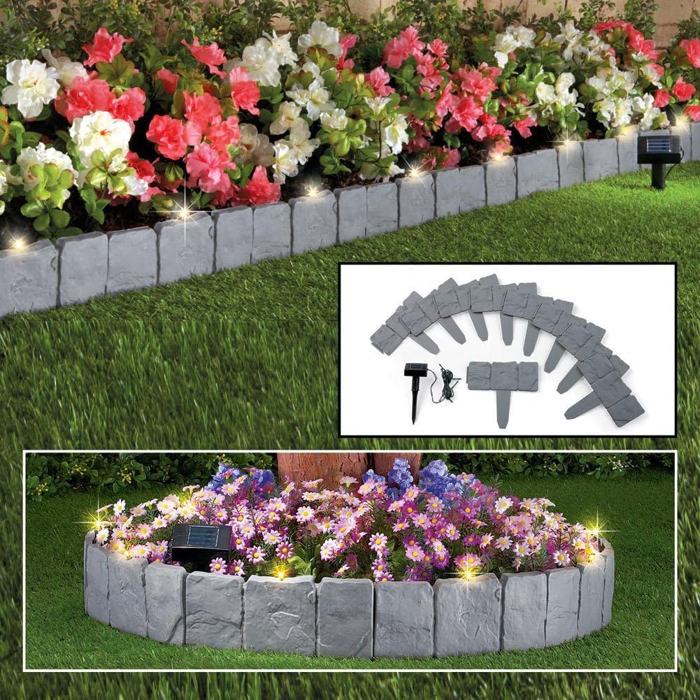 Parkland 50 Pack Cobbled Stone Effect Garden Lawn Edging with Solar Powered LED Lights - Simply Hammer In | Plant Border Decorative Flower Bed Interlocking Stone Trim for Landscaping Walkways