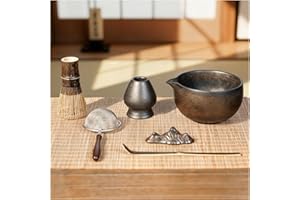 GleeNflux 7-Piece Matcha Set with Ceramic Matcha Bowl, Bamboo Whisk (Chasen) & Holder, Sifter, Tea Scoop & Rest, Special Bamboo Tea Mat - Perfect Matcha Kit for Matcha Lovers & Gift Giving, Gilded