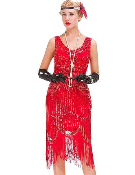 GVOICE Damen 1920er Jahre Vintage Kleid - Fransen Great Gatsby Kleid