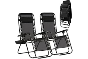 DKELINCS Zero Gravity Chairs Set of 2 Adjustable Folding Reclining Lounge Chairs Outdoor Beach Chair with Pillow and Cup Holder, Patio Lawn Chair Pool Chairs for Outdoor Pool Side Camping Yard Beach (2, Black)