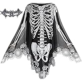 GRAJTCIN Womens Halloween Skeleton Costume Sheer Poncho Day of The Dead Ghost Cape Bat Mask