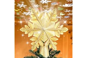 Mrrihand Christmas Tree Topper Lighted with 6 Projection Modes, Built-in 360° LED Rotating Projector Christmas Tree Star, 3D Snowflake Design for Xmas Holiday Christmas Tree Decoration-Gold
