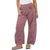 SeekMe Women's Corduroy Pants Barrel Mid-Rise Elastic Waist Cord Pants Casual Wide Leg Baggy Trouser with Pockets