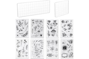UCEC 8 Sheets Clear Stamps Set, 2 PCS Acrylic Stamp Block (15*5cm & 7.5*7.5cm), Vintage Plants Flower Rubber Silicone Stamps, Scrapbook Clear Stamp for Card Making & DIY Christmas Crafts Decoration