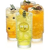 KEMORELA Elegant Highball Glassware Set - 16oz XL Glasses - Mixed Drinks, Iced Coffee, Beer, Juice, Water - Hobnail, Beaded Designs - Set of 4 | Stylish Collection for Any Occasion