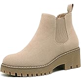 DECARSDZ Womens Chunky Platform Chelsea Boot With Elastic Low Wedge Heel Slip On For Fall Work Suede Leather Classic Style Ankle Boots Women