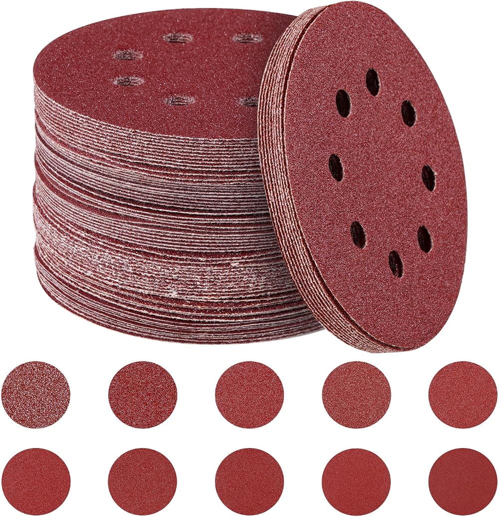 HYCHIKA 100Pcs Sanding Discs 125mm 8-Hole 5 Inch Hook & Loop Grit 40-400